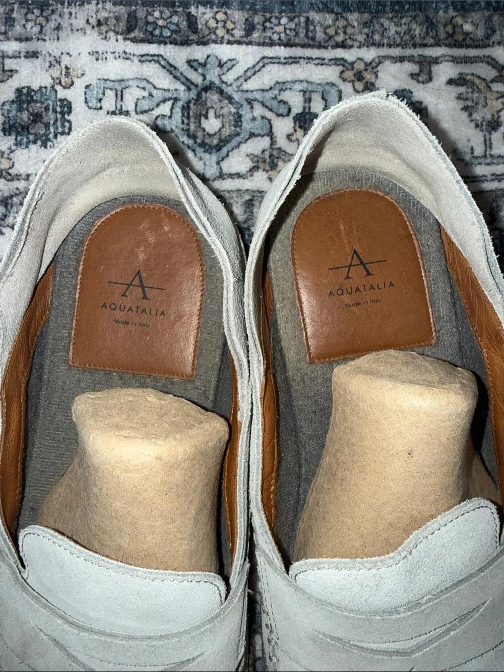 Aquatalia Nikita Italy Penny Loafer Weatherproof Soft Suede‎ Grey Stitch Details